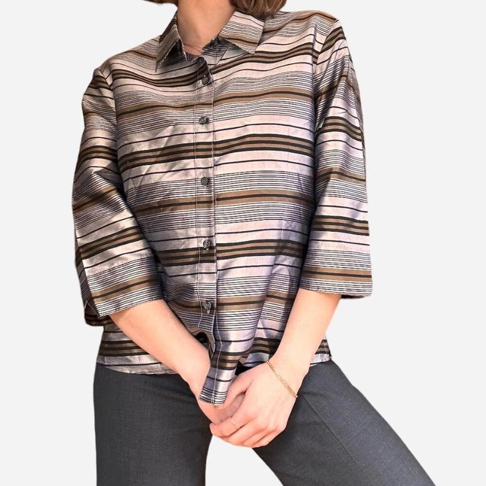 Silk shiny striped statement button up blouse blazer Coldwater Creek Medium